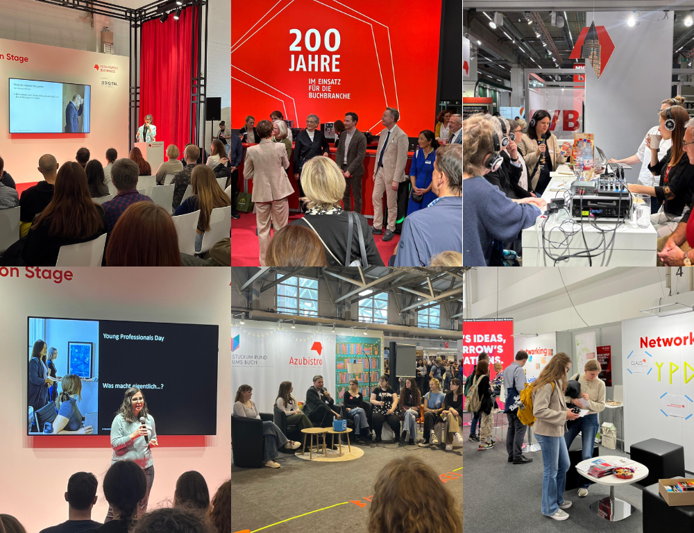 Collage von verschiedenen Veranstaltungen auf der Buchmesse, die im Text erwähnt werden